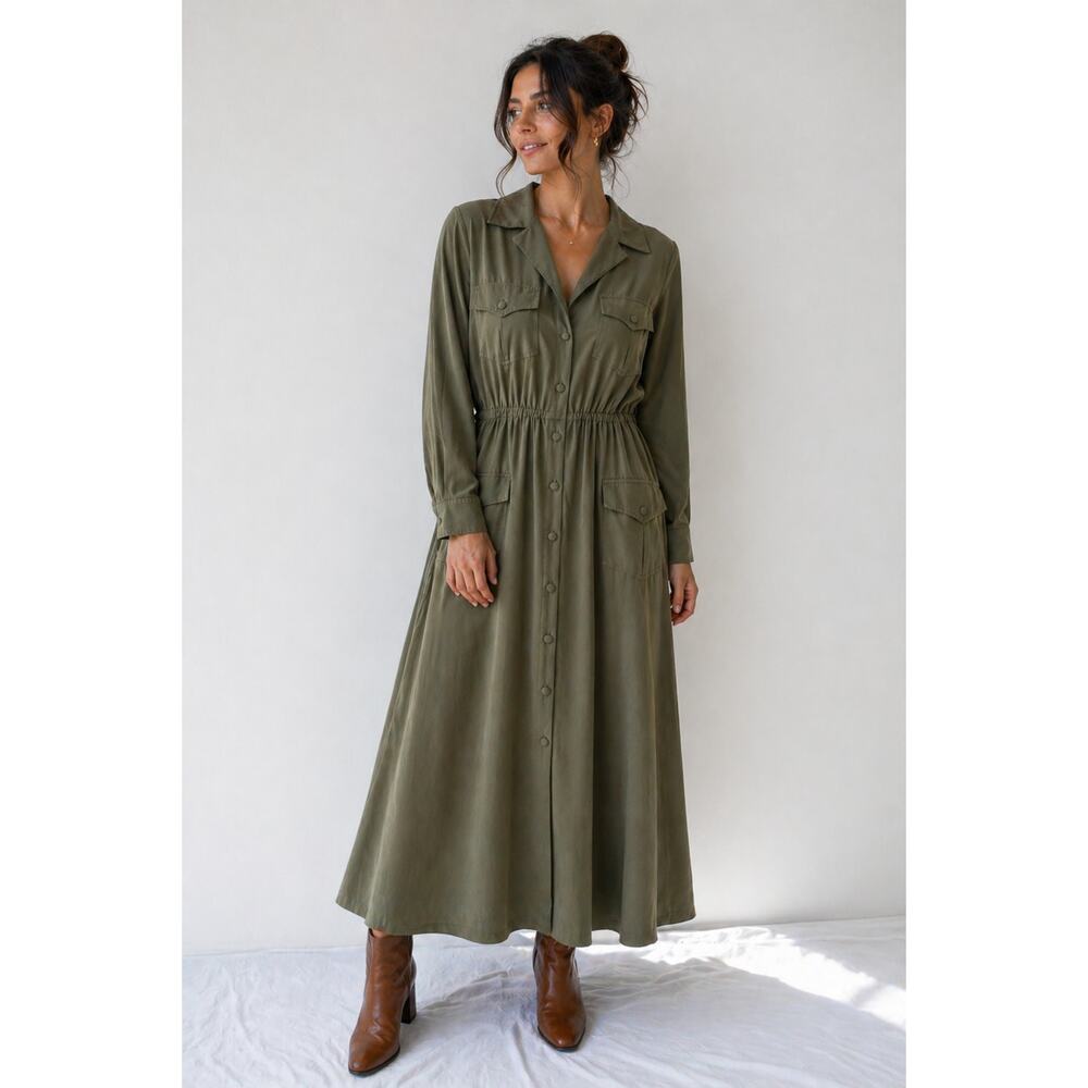 Vintage 1980s Outlines by Debora Kuchmé Olive Green Safari Dress